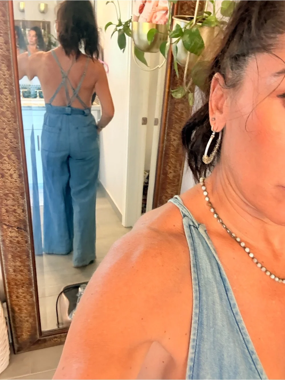 Free People Chambray Strapy Back Light Blue Denim Tie-Waist Jumpsuit